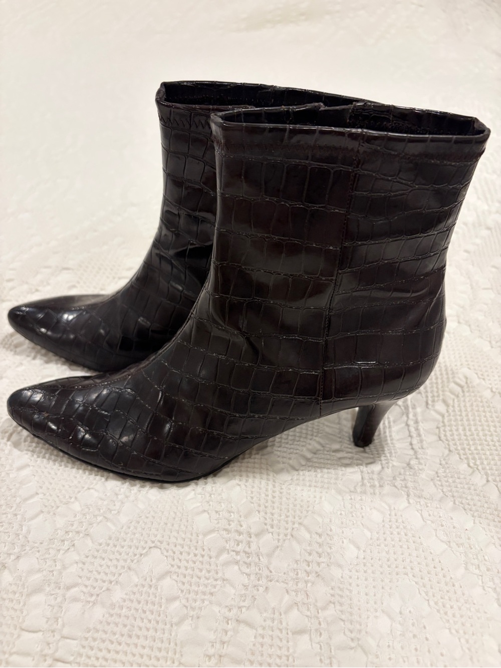 Bandolino Candra Croc-Embossed Pointed-Toe Ankle Boots - Dark Brown